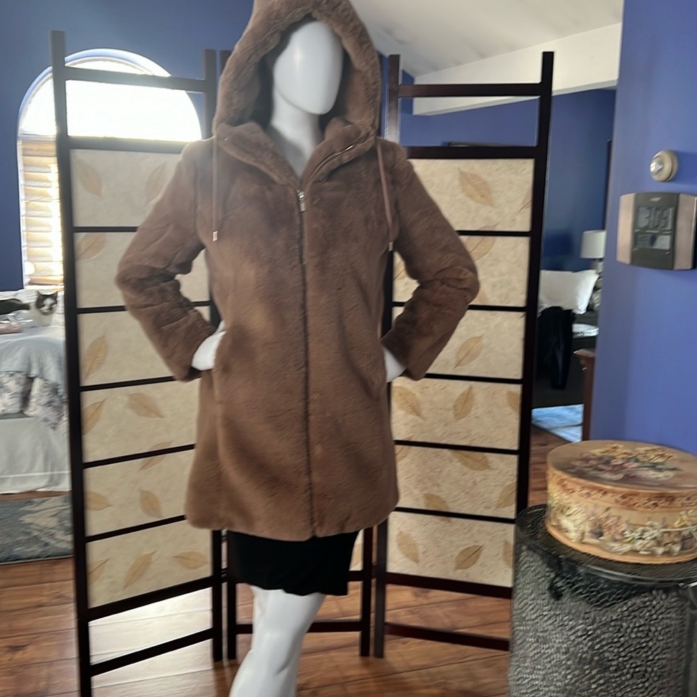 Rachel Zoe Faux Fur Hooded Zip Up Jacket Coat Brown medium